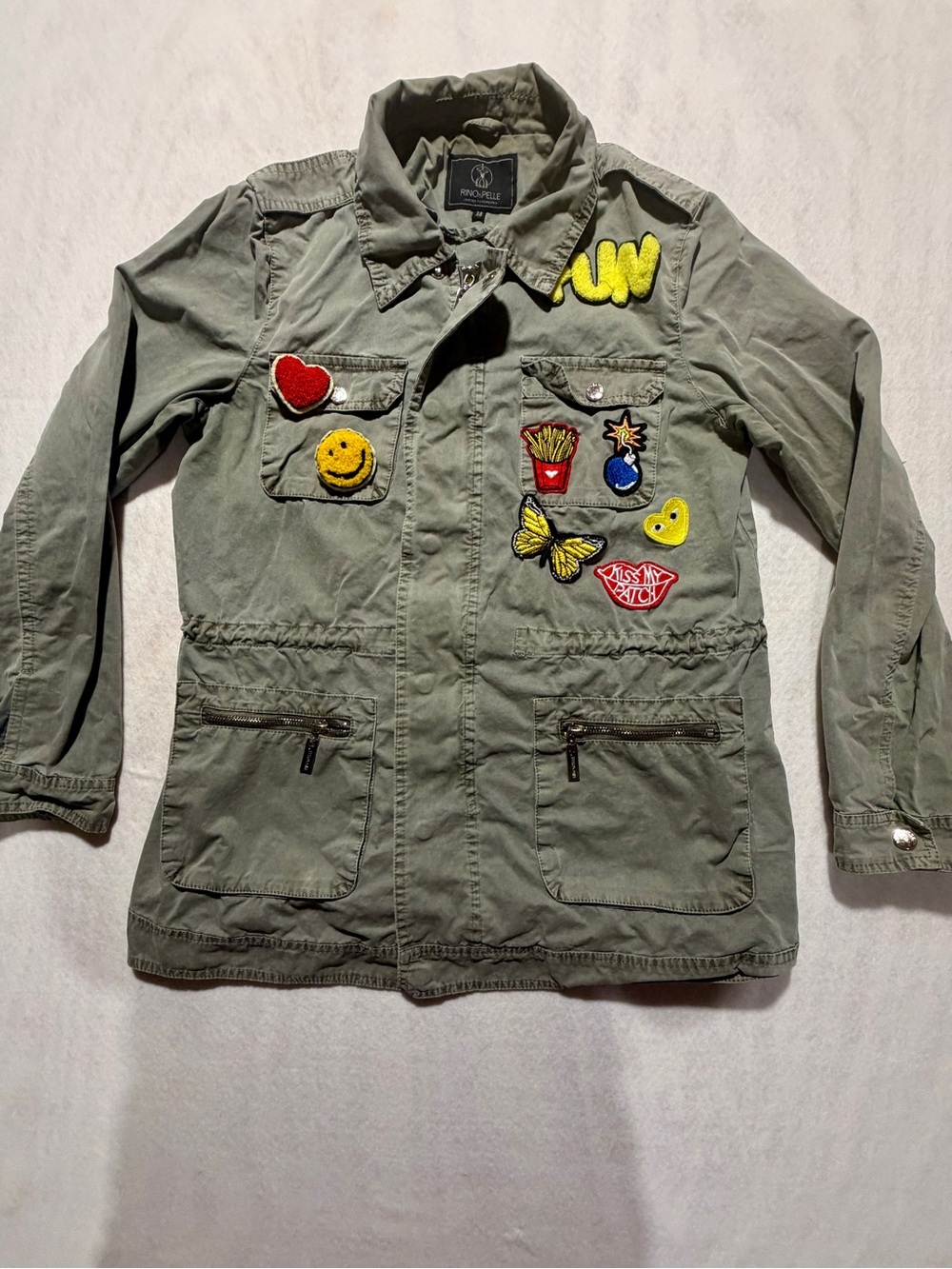 Rino & Pelle Reworked Custom Patch Utility Jacket Olive Green Camo Y2K  EU 38